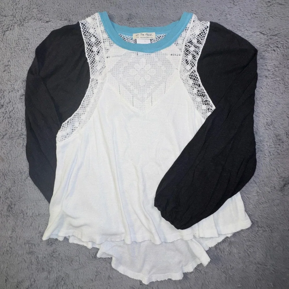 We The Free People Boho Lace Yoke Linen Swing Top Puff Sleeve Shirt Womens Small